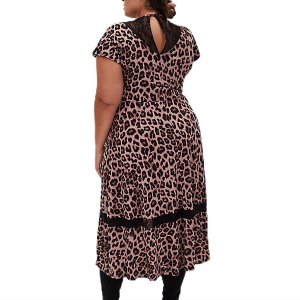 Brown Black Leopard Print Black Lace Midi Dress - NWT